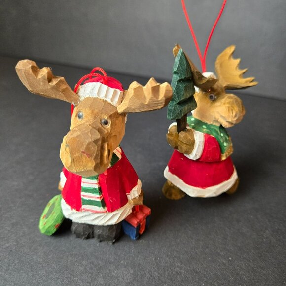 Hand Carved Wooden Moose Ornaments Christmas Santa Red Coat Scandinavian 4" Pair - Picture 1 of 8